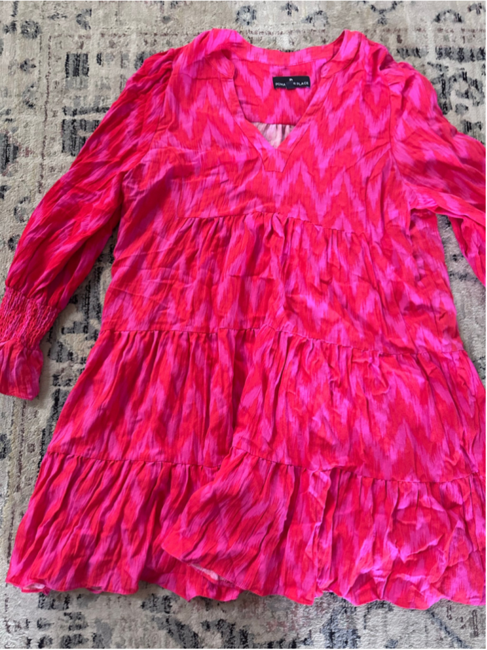 Women's Pomander Place Mini Dress XL Pink Red Tiered Long Sleeve - Picture 2 of 7